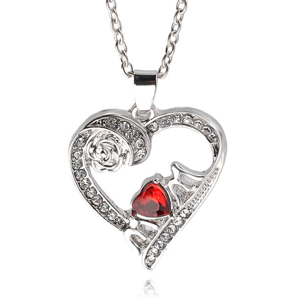 Love Mom- Necklace White Crystal Rose Heart Pendant